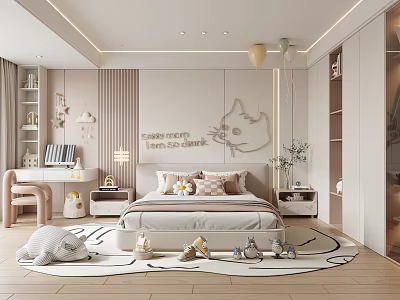Kids Room Interior Design With Soft Colors Bed Cat Decorative Painting Balloons And Toys 3d model