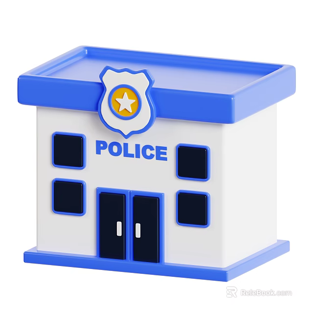 Blue And White Police Station Building With Roof Walls Doors Windows And Badge 3d model 