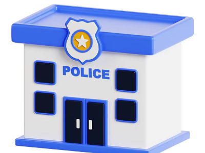 Blue And White Police Station Building With Roof Walls Doors Windows And Badge 3d model
