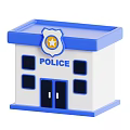 Blue And White Police Station Building With Roof Walls Doors Windows And Badge