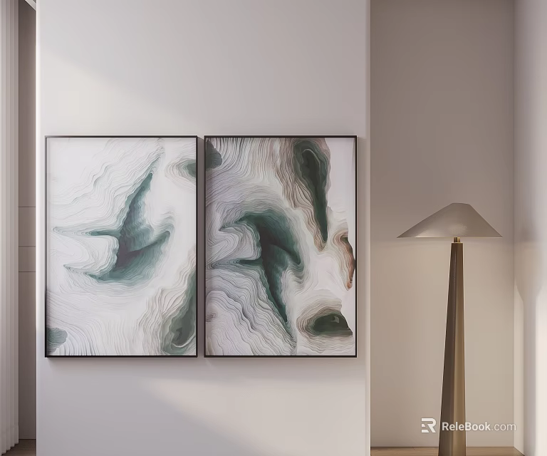 Modern Abstract Paintings On Wall With Minimalist Floor Lamp Decor 3d model 