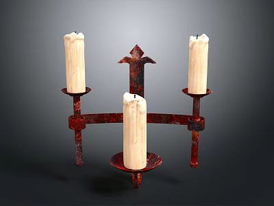 Cross Shaped Decorative Rustic Metal Candelabra With Three White Candles 3d model