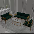 Modern Elegant Sofa Coffee Table Set With Green Sofas Golden Frames And Round Marble Table 3d model