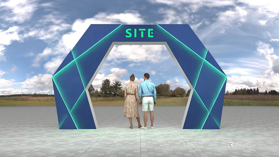 People Standing In Front Of Blue Geometric Event Gateway With Green SITE Lettering 3d model 
