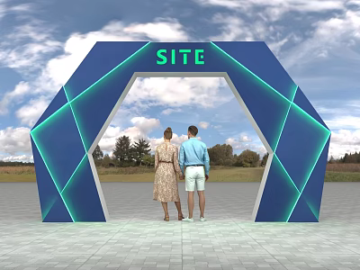 People Standing In Front Of Blue Geometric Event Gateway With Green SITE Lettering 3d model