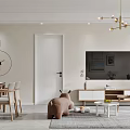 Modern Living and Dining Room Interior With Sofa Coffee Table Dining Chairs Artwork And Archway