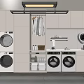 Modern Laundry Room Interior With Multiple Washing Machines Cabinets And Clothes Rack