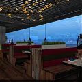 Industrial Style Restaurant Interior With Wooden Ceiling Decor Pendant Lights Bar And Dining Tables