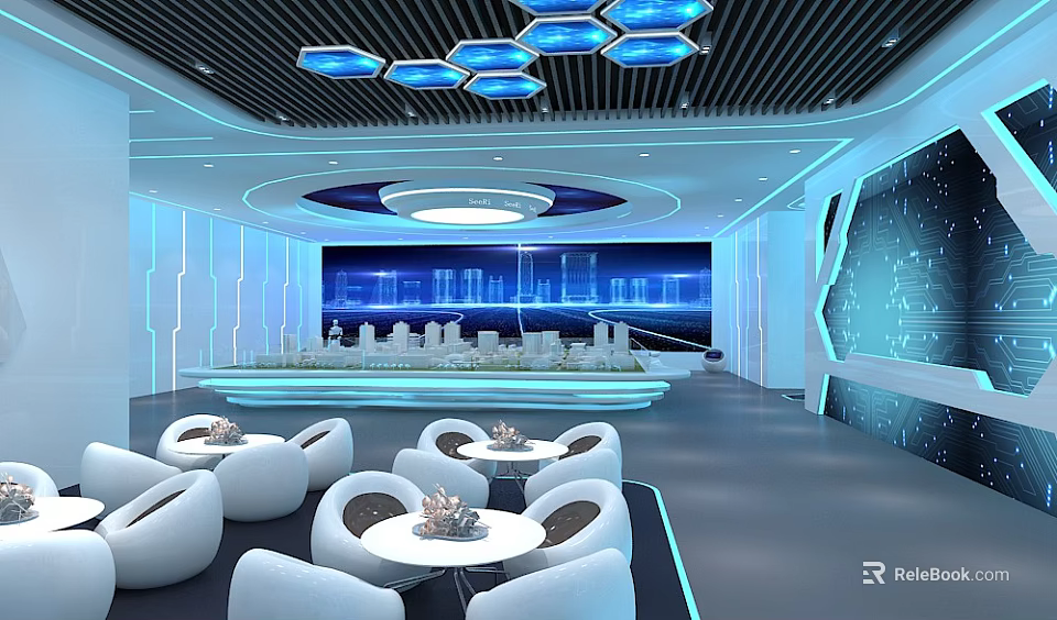 Futuristic Lounge Interior With White Curved Sofas Round Tables And Blue Hexagonal Lights 3d model 
