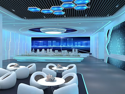 Futuristic Lounge Interior With White Curved Sofas Round Tables And Blue Hexagonal Lights 3d model