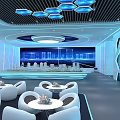 Futuristic Lounge Interior With White Curved Sofas Round Tables And Blue Hexagonal Lights 3d model