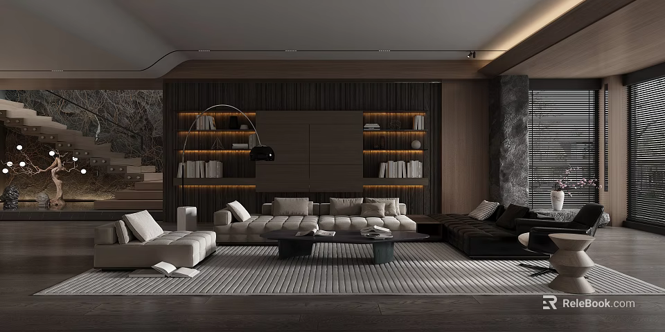 Modern Living Room Interior Design With Wooden Wall Bookshelves And Comfortable Sofa 3d model 