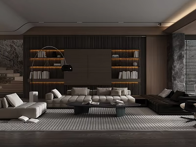 Modern Living Room Interior Design With Wooden Wall Bookshelves And Comfortable Sofa 3d model