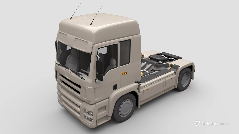 Beige Commercial Truck Cab Side View With Antennas And Chassis Design 3d model 