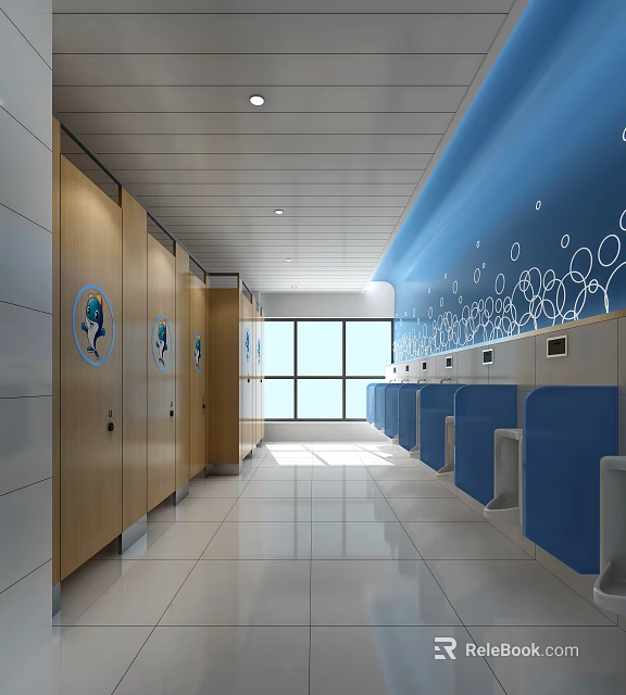 Public Restroom Interior With Wooden Stalls Blue Sinks Blue Walls And White Circular Patterns 3d model 