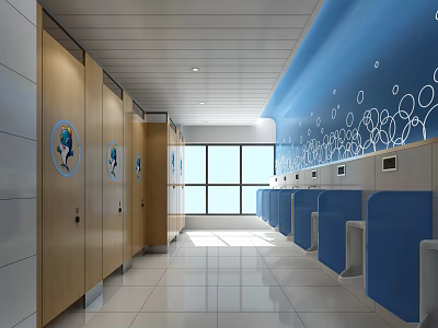 Public Restroom Interior With Wooden Stalls Blue Sinks Blue Walls And White Circular Patterns 3d model