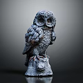 Owl Statue With Detailed Feather Texture Standing On Tree Stump Base 3d model