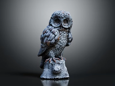 Owl Statue With Detailed Feather Texture Standing On Tree Stump Base 3d model