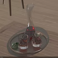 Stylish Wine Decanter And Glasses On Metal Tray Over Wooden Tabletop With Red Wine