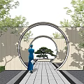 Traditional Landscape Wall with Circular Archway Pine Tree Stone Pathway and Greenery