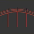 Traditional Red Arch Bridge Structure With Wooden Railings And Supporting Pillars