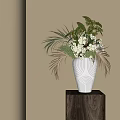 White Flowers In Spiral Pattern Vase On Wooden Stand With Sunlight Shadows On Neutral Wall