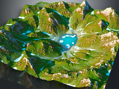 Mountainous Natural Garden Landscape With Rolling Green Terrain And Blue Water Features 3d model