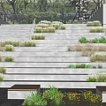 Urban Park Landscape With Stone Staircase Green Plants Wooden Benches And Brick Wall