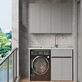 Gray Laundry Cabinet With Sink Countertop And Washing Machine By Window