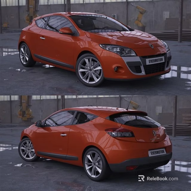 Orange Renault Dynamique Car With Silver Alloy Wheels In Industrial Garage 3d model 