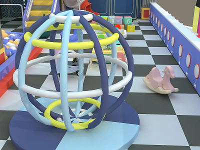 Colorful Spherical Playground Equipment With Pink Rocking Horse Colorful Blocks And Checkerboard Floor 3d model