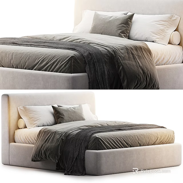 Modern Double Bed With Light Beige Frame Gray White Pillows And Soft Blanket 3d model 