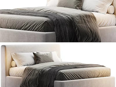 Modern Double Bed With Light Beige Frame Gray White Pillows And Soft Blanket 3d model