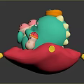 Cute Green Dino Holding Piggy Toys With Little Pink Companion On Red Cushion