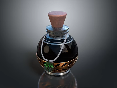 Decorative Household Living Accessory Bottle With Wooden Cork Metallic Perforated Design And Green Pendant 3d model