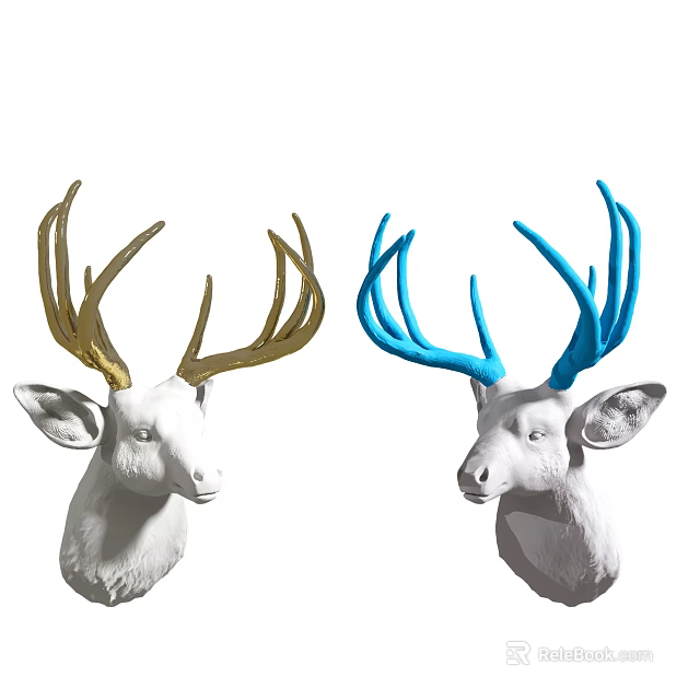 White Deer Head Wall Decor With Gold And Blue Antlers For Home Decoration 3d model 