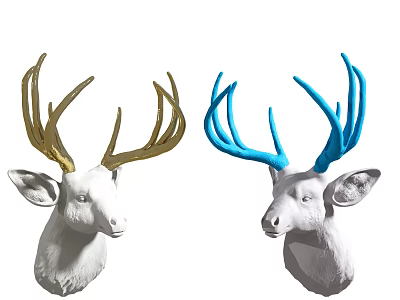 White Deer Head Wall Decor With Gold And Blue Antlers For Home Decoration 3d model