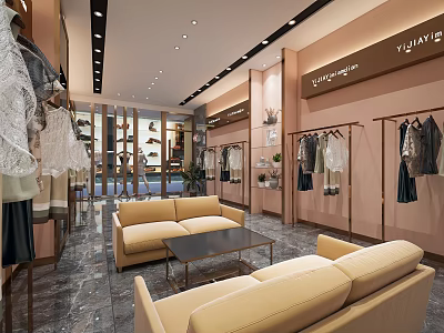 Modern Clothing Store Interior With Clothes Racks Leather Sofas Coffee Table And Shoes 3d model