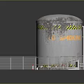 Cylindrical Industrial Tank With Yellow Black Warning Stripes Surrounded By White Fence And Small Building