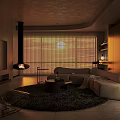Modern Living Dining Area With Round Rug Fireplace And Sofa Set Interior