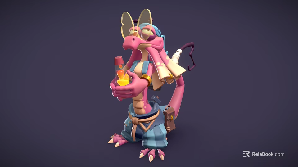 Cute Pink Dragon Character Wearing Blue Hat Holding Glowing Bottle With Scroll 3d model 