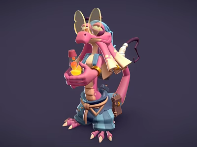 Cute Pink Dragon Character Wearing Blue Hat Holding Glowing Bottle With Scroll 3d model