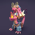 Cute Pink Dragon Character Wearing Blue Hat Holding Glowing Bottle With Scroll