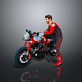 Vintage Black Motorcycle With Person In Red And Black Outfit Mounting Classic Headlight And Large Tire