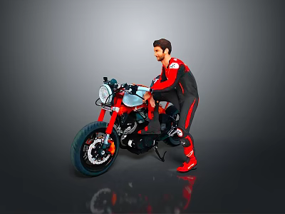 Vintage Black Motorcycle With Person In Red And Black Outfit Mounting Classic Headlight And Large Tire 3d model