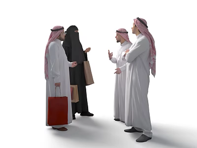 Group of People in Traditional Attire Conversing With Shopping Bags 3d model