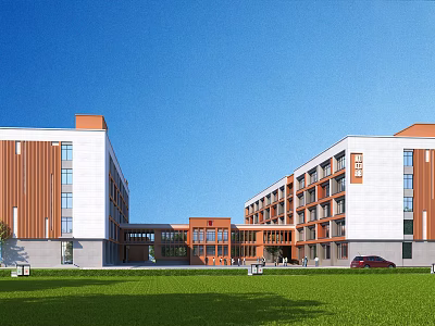 School Building Exterior Featuring White Orange Walls Green Lawn Blue Sky And Red Car 3d model