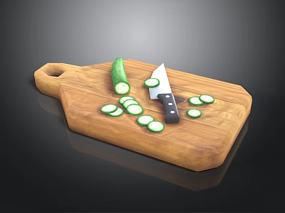 Wooden Cutting Board With Whole Cucumber Knife And Sliced Cucumber 3d model