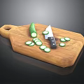 Wooden Cutting Board With Whole Cucumber Knife And Sliced Cucumber