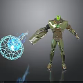 Robot Character With Green Gold Armor Glowing Head Arm Device And Blue Energy Orb